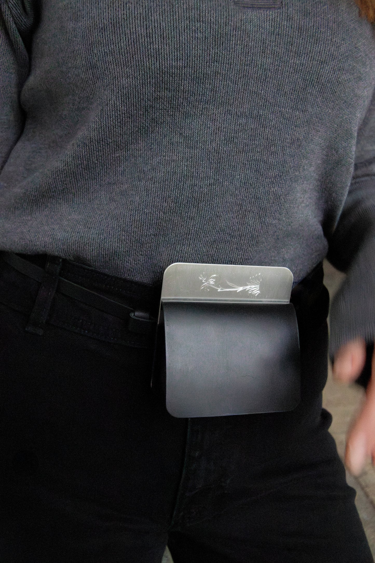 semi-treated silver coated brass/black flap belt bag with signature of Levnî