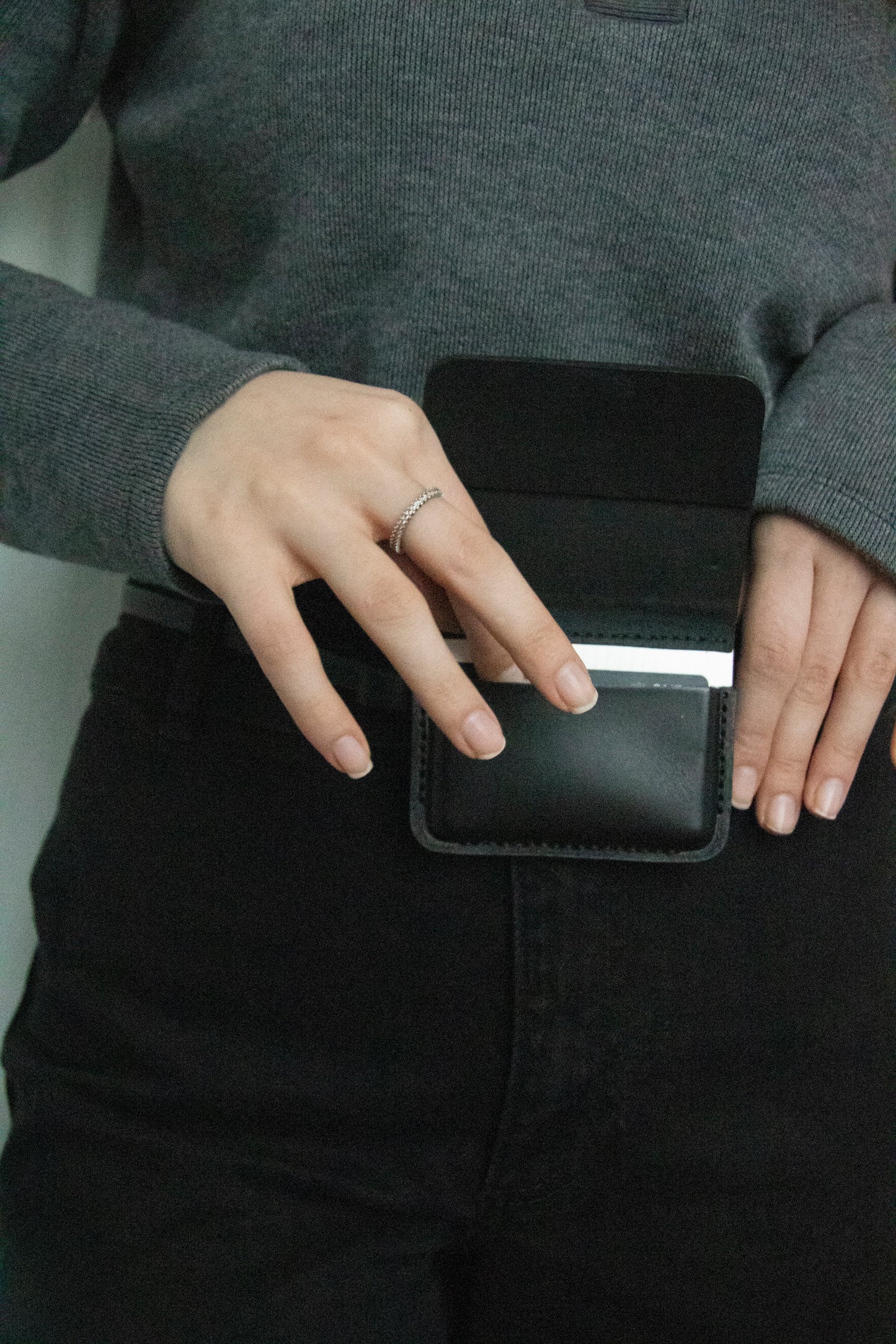 semi-treated silver coated brass/black flap belt bag with signature of Levnî