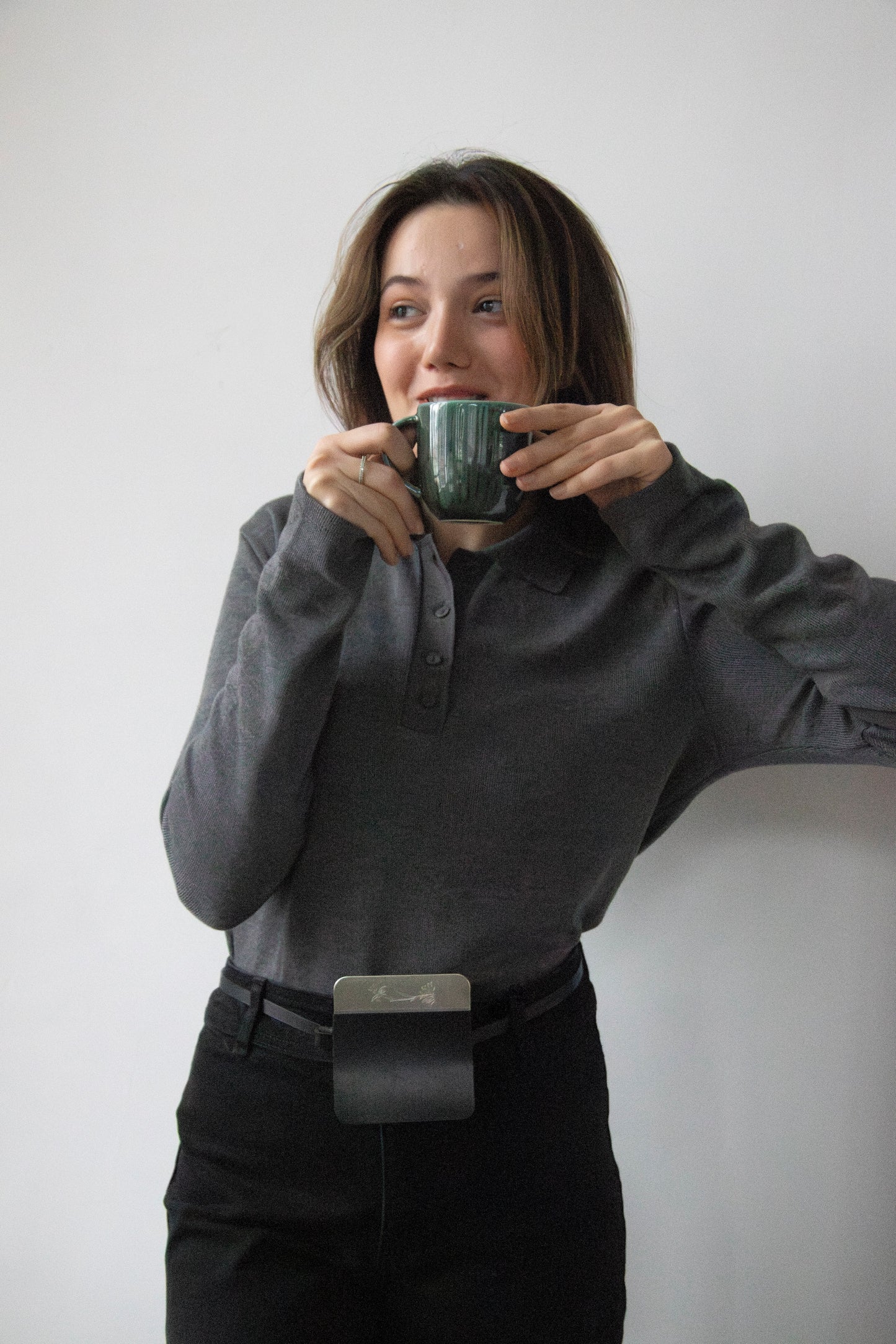 semi-treated silver coated brass/black flap belt bag with signature of Levnî