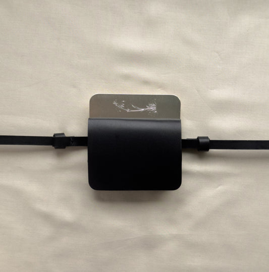 semi-treated silver coated brass/black flap belt bag with signature of Levnî